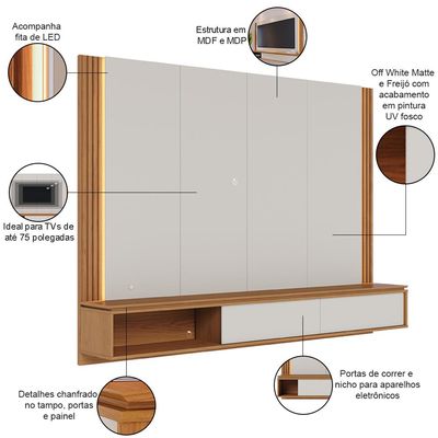 Painel Para TV 75 Pol Bancada Suspensa LED Horebe C04 Off White Matte Freijó - Lyam Decor