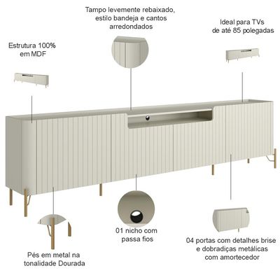 Rack Para Sala de Estar TV 85 Pol 4 Portas Brise Pés Industrial Dourado Alef I03 Luna - Lyam Decor