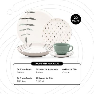Aparelho de Jantar Samambaia 20 Peças Cerâmica Esmaltada Verde e Off White Oxford Verde Esmeralda