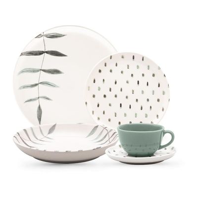 Aparelho de Jantar Samambaia 20 Peças Cerâmica Esmaltada Verde e Off White Oxford Verde Esmeralda