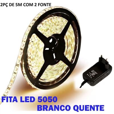 Kit 2 Fita Led 5050 Branco Quente 3000k Luz Amarela Bivolt Com Fonte