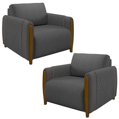 Kit 2 Poltronas Decorativas Pés Madeira Maceió Linho Chumbo - Gran Belo
