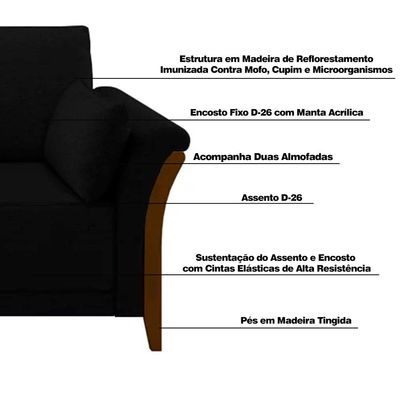 Sofá Decorativo 3 Lugares 222cm Market Veludo Preto - Gran Belo