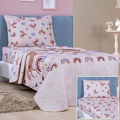 Enxoval Kit Colcha + Jogo De Cama Lençol Bouti Solteiro Infantil Kids 4 Peças 100% Poliéster - Unicórnio