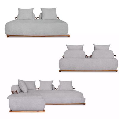 Sofá Modulado 5 Lugares com Almofadas Soltas Pés Madeira Maciça 320cm Homer Bouclê Cinza G63 - Gran Belo