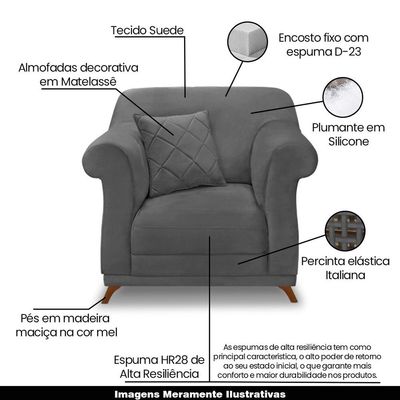 Poltrona Decorativa com 1 Almofada Armstrong Suede Cinza - Gran Belo