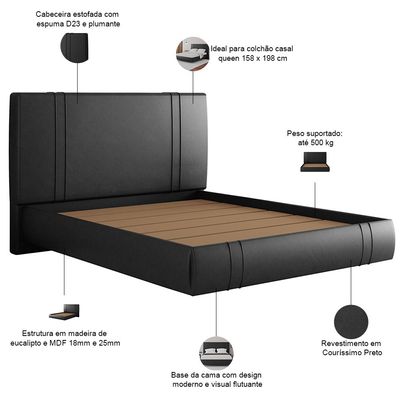Cama Queen Flutuante Com Cabeceira 160cm Astra S04 Couríssimo Preto - Lyam Decor