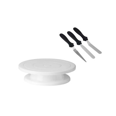 Prato de Bolo Giratorio e Espatula Inox Reta Angular Fina