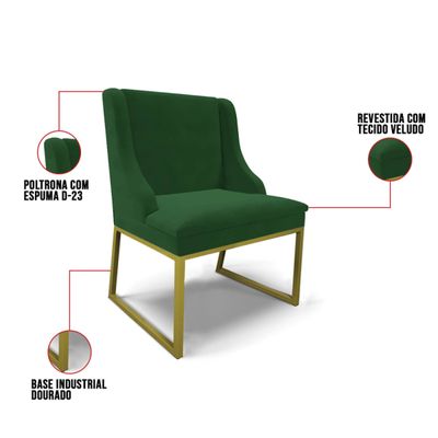 Cadeira Sala de Jantar Industrial Dourado kit 10 Liz Veludo D03 - D'Rossi Verde
