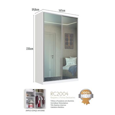Guarda Roupa Solteiro Espelho 2 Portas de Correr Branco 147x59,8x235cm RC2004 Emovell