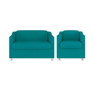 Kit Sofá Namoradeira + Poltrona Tilla Recepção Sala Tecido azul Turquesa