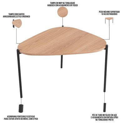 Mesa de Centro Para Sala de Estar Pés Metálicos Alta Adek A03 Hanover Preto - Lyam Decor