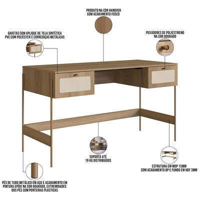 Estante Livreiro Home Office e Mesa Escrivaninha Industrial Indy A03 Hanover Dourado - Lyam Decor