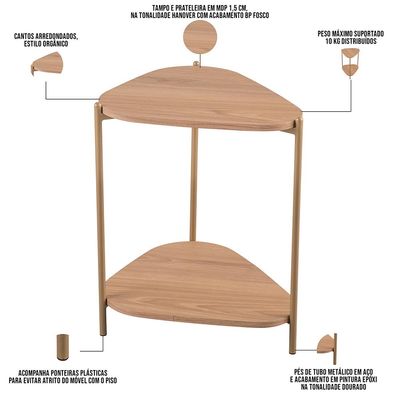 Mesa Lateral Para Sala de Estar Pés Metálicos Adek A03 Hanover Dourado - Lyam Decor