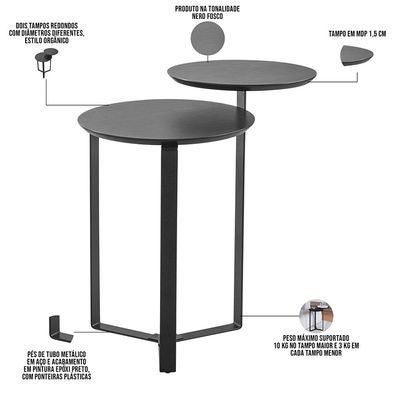 Mesa Lateral Para Sala de Estar 2 em 1 Pés Metálicos Dari A03 Nero Preto - Lyam Decor