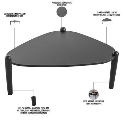 Mesa de Centro Para Sala de Estar Pés Madeira Baixa Trium A03 Nero Preto - Lyam Decor