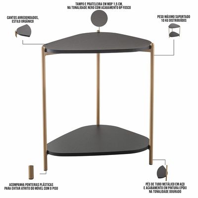 Mesa Lateral Para Sala de Estar Pés Metálicos Adek A03 Nero Dourado - Lyam Decor