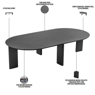 Mesa de Centro Para Sala de Estar Oval Pés Madeira Bulat A03 Nero Preto - Lyam Decor