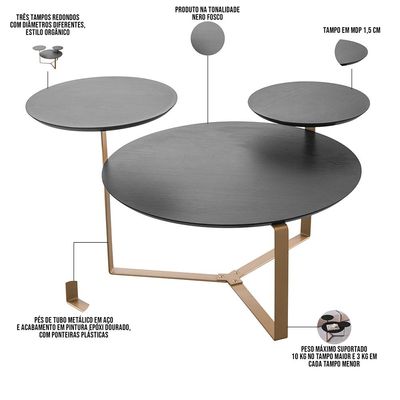Mesa de Centro Para Sala de Estar 3 em 1 Pés Metálicos Dari A03 Nero Dourado - Lyam Decor