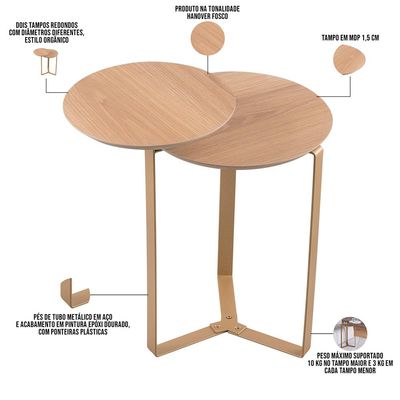Kit Mesa de Centro e Mesa Lateral Para Sala Pés Metálicos Dari A03 Hanover Dourado - Lyam Decor