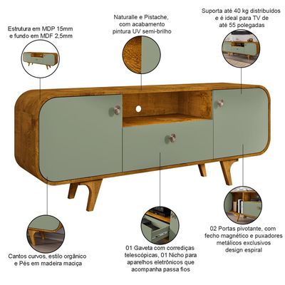 Rack Para Sala de Estar TV 55 Pol Orgânico Picasso B02 Naturalle Pistache - Lyam Decor