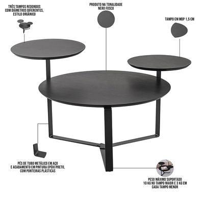 Kit Mesa de Centro e Mesa Lateral Para Sala Pés Metálicos Dari A03 Nero Preto - Lyam Decor