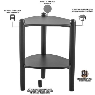 Mesa Lateral Para Sala de Estar Pés Madeira Trium A03 Nero Preto - Lyam Decor