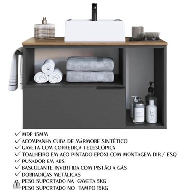 Gabinete Para Banheiro Com Cuba 01 Gav 80cm Mel Grafite Proddy Mel