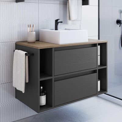 Gabinete Para Banheiro Com Cuba 01 Porta 80cm Mel Grafite Proddy Mel