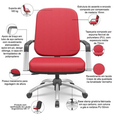 Cadeira De Escritório Giratória Com Braço Cromada Magno P03 Crepe Vermelho - Lyam Decor