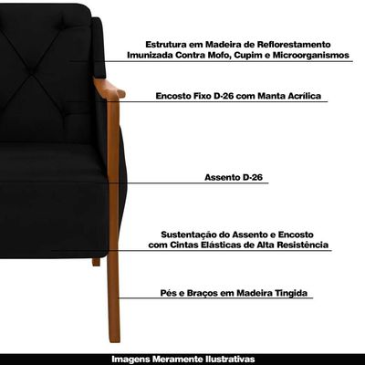 Poltrona Namoradeira Decorativa 2 Lugares Braços em Madeira Hand Veludo Preto - Gran Belo