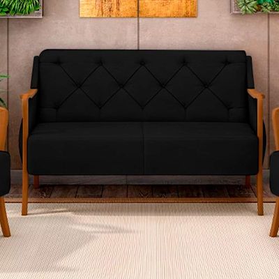 Poltrona Namoradeira Decorativa 2 Lugares Braços em Madeira Hand Veludo Preto - Gran Belo