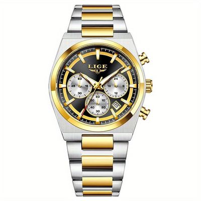 Relógio Esportivo Masculino Quartzo Multifuncional Sofisticado Em Aço Inoxidavél 3atm Dourado Preto