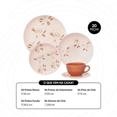 Aparelho de Jantar Unni Orquídea 20 Peças Cerâmica Marrom e Off White Oxford Off White com Marrom