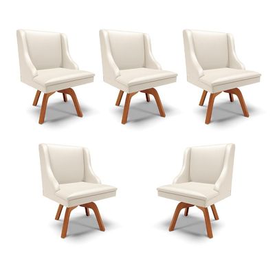 Kit 5 Cadeiras Decorativas Sala de Jantar Base Giratória de Madeira Firenze PU Bege/Natural G19 - Gran Belo