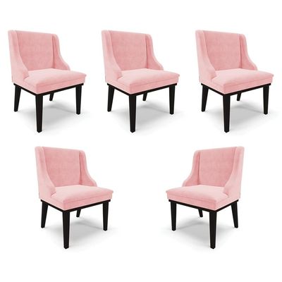 Kit 5 Cadeiras Decorativas Sala de Jantar Base Fixa de Madeira Firenze Suede Rosa Bebê/Preto G19 - Gran Belo