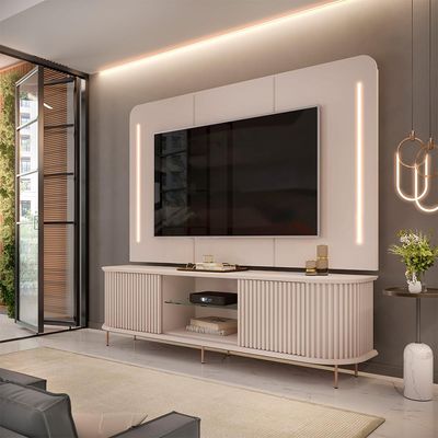 Painel com Bancada Sala de Estar 218cm Saitama para TV até 75 com Portas Ripadas e LED Off White G18 - Gran Belo