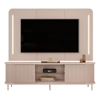 Painel com Bancada Sala de Estar 218cm Saitama para TV até 75 com Portas Ripadas e LED Off White G18 - Gran Belo