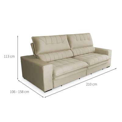 Sofá 3 Lugares Retrátil e Reclinável Mustang Veludo Bege 210 cm