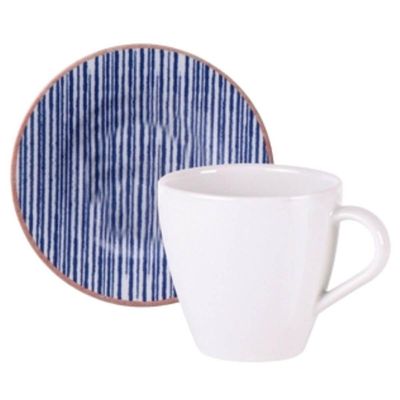 Xícara e Pires 200ml Porcelana Tramontina Cappuccino Café Chá Abstratta Decorada Azul 2 Peças