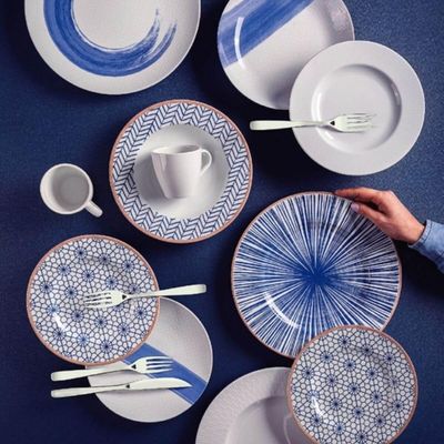 Xícara e Pires 200ml Porcelana Tramontina Cappuccino Café Chá Abstratta Decorada Azul 2 Peças