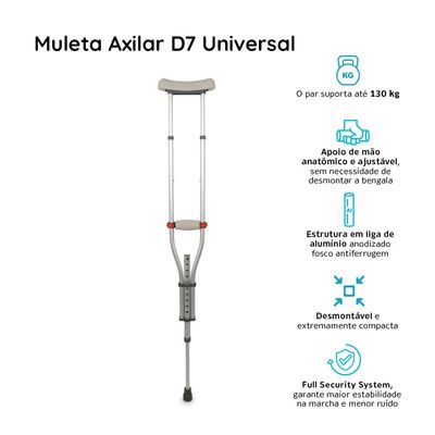 Muleta Axilar D7 Universal em Alumínio até 65 Kg (1 unidade) Dellamed Cinza