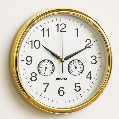Relogio Analogico Dourado Parede Design Elegante Termometro Higrometro Decorativo Ambientes Casa Sala Funcionalidade E B