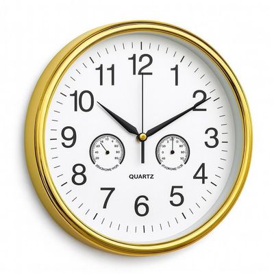 Relogio Analogico Dourado Parede Design Elegante Termometro Higrometro Decorativo Ambientes Casa Sala Funcionalidade E B