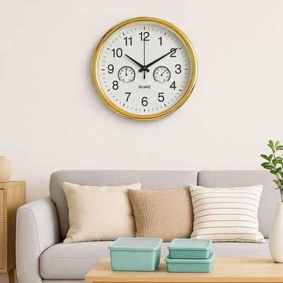 Relogio Analogico Dourado Parede Design Elegante Termometro Higrometro Decorativo Ambientes Casa Sala Funcionalidade E B