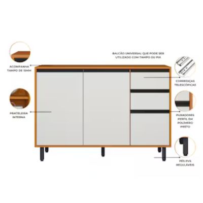 Balcão Poliman Ravena 120cm 3 Portas 2 Gavetas Tampo 15mm Poliman Móveis Freijó/Off White