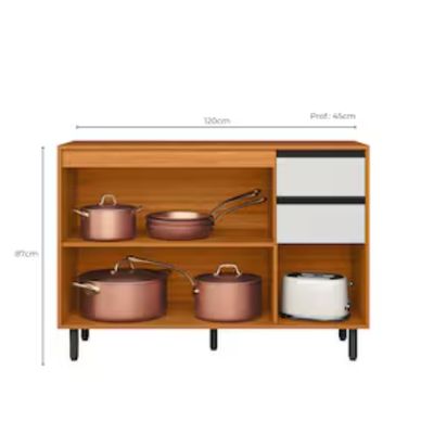 Balcão Poliman Ravena 120cm 3 Portas 2 Gavetas Tampo 15mm Poliman Móveis Freijó/Off White