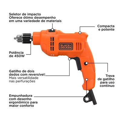 Furadeira de Impacto Black+Decker BED710450 3/8 Polegadas 450W Empunhadura Ergonômica Gatilho Anatômico Laranja e Preto / 220V
