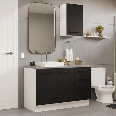 Conjunto Gabinete Para Banheiro 120cm 3 Portas 3 Gavetas Agata Madesa 01 Branco-preto