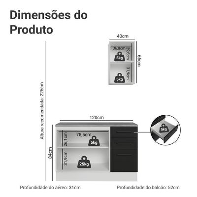 Conjunto Gabinete Para Banheiro 120cm 3 Portas 3 Gavetas Agata Madesa 01 Branco-preto